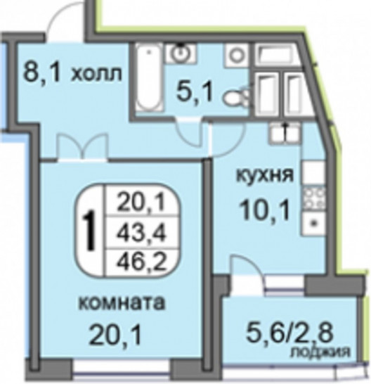Однокомнатная квартира 46.7 м²