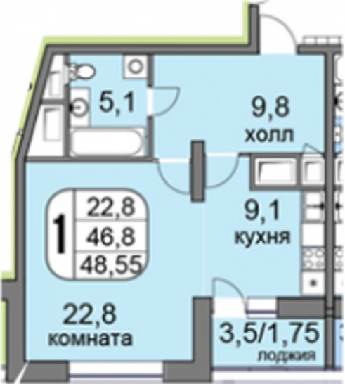 Однокомнатная квартира 49.9 м²