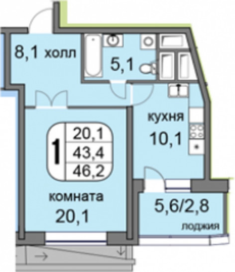 Однокомнатная квартира 46.7 м²