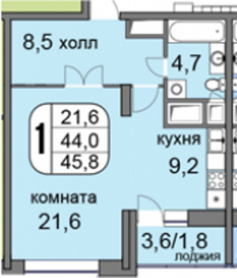 Однокомнатная квартира 47.9 м²