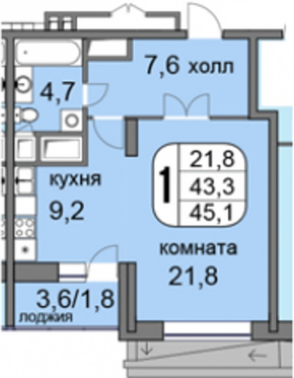 Однокомнатная квартира 47.2 м²